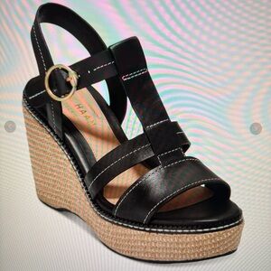 New w/o box: Cole Haan Cloudfeel All Day Espadrille Leather Wedge Sandals Blk 9